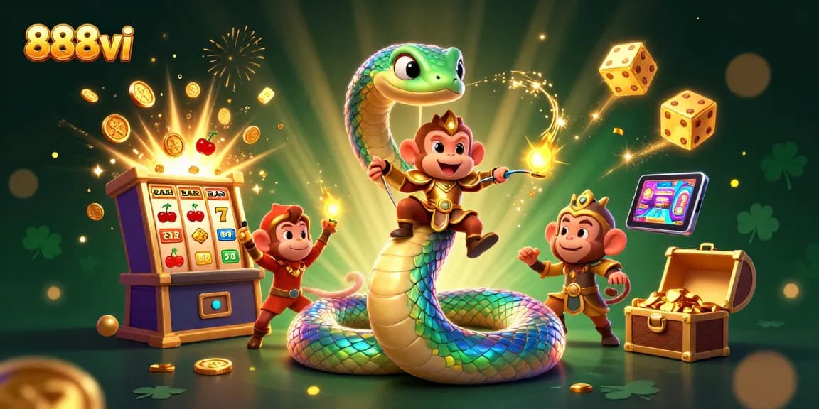 Spin the reels with 888vi and enjoy vibrant casino atmosphere featuring a cartoon serpent and playful monkey king.