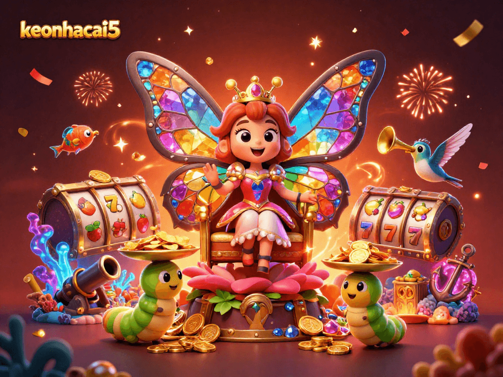 Experience the lively atmosphere of keonhacai5 with the butterfly queen amidst colorful gems and slot reels.