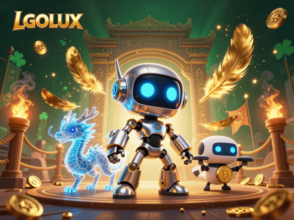 Engage with LGOLUX's thrilling gaming experience featuring a futuristic robot mascot and digital dragon.