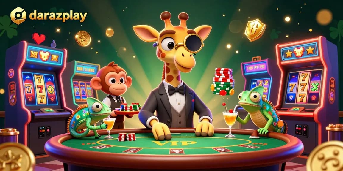 Join the fun at darazplay with a cartoon giraffe high-roller, surrounded by vibrant casino elements for an exciting gaming experience.