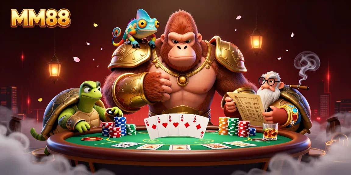 Experience the thrilling world of MM88 with a powerful gorilla, chameleon companion, and tortoise sage at a vibrant poker table.
