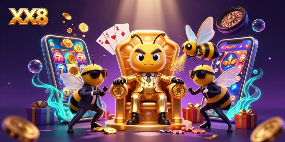 Play slots and win with the vibrant XX8 casino illustration featuring buzzing characters.