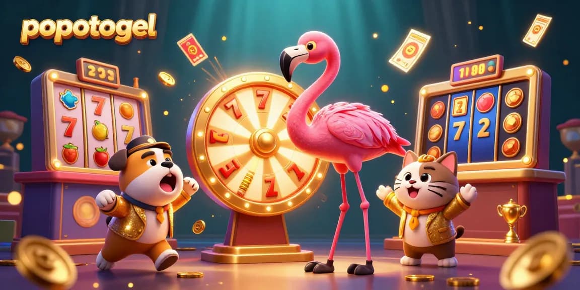 Engaging popotogel scene with a flamingo game host, a bulldog contestant, and a cat scoreboard revealing exciting prizes.
