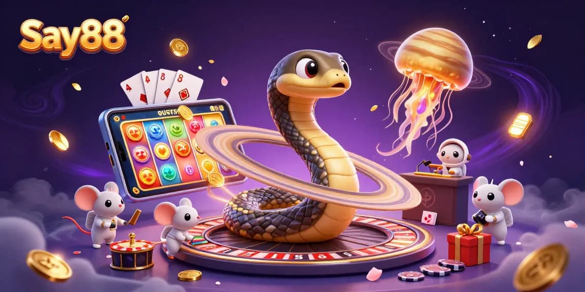 Bet on Say88 with vibrant casino elements and dynamic characters in this engaging cosmic scene.