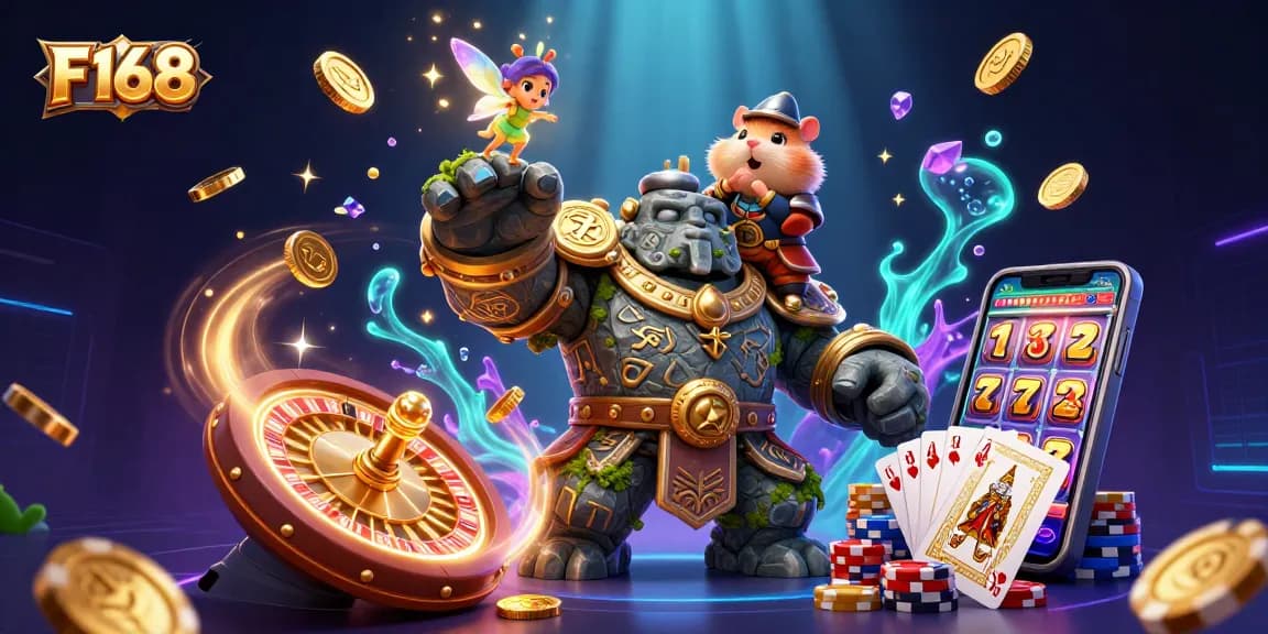 Experience F168's magical casino adventure with a golem, fairy, and hamster knight surrounded by vibrant game elements.