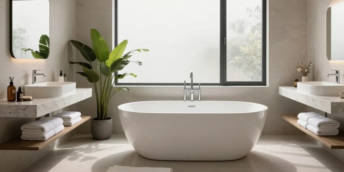 Luxurious bathroom featuring KKR solid surface freestanding bathtub and basin, showcasing modern design.