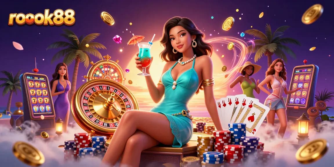 Experience thrilling gameplay with rokok88 as a glamorous woman enjoys a tropical casino ambiance.