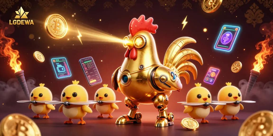 Experience thrilling gaming with LGODEWA's vibrant scene featuring golden rooster and crypto coins.