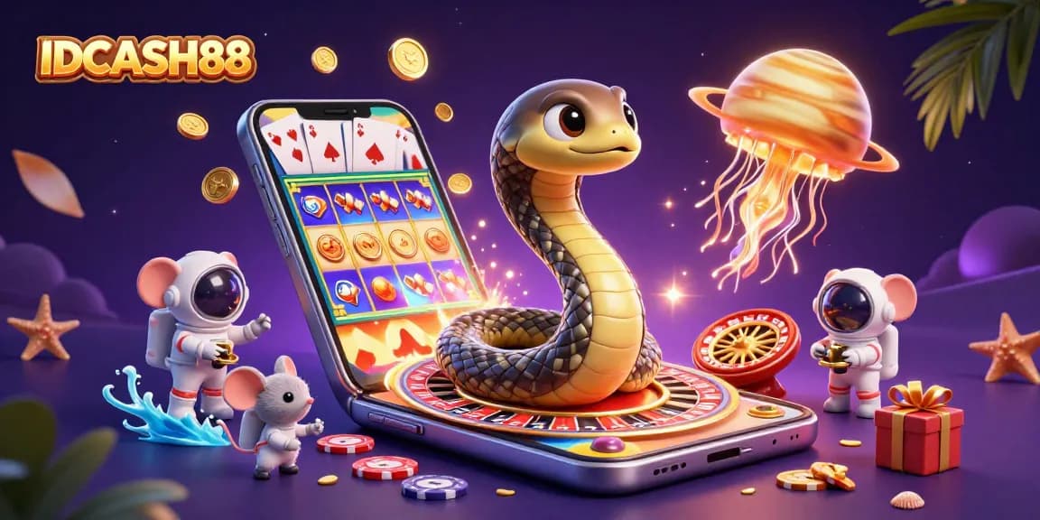 Experience the thrilling betting atmosphere at IDCASH88 with cosmic characters and vibrant slot game action.