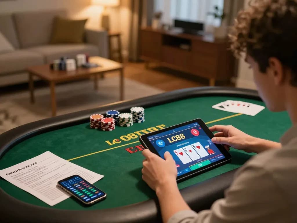 Engaging in LC88 online poker gameplay on a cozy tablet setup, highlighting strategic note-taking.