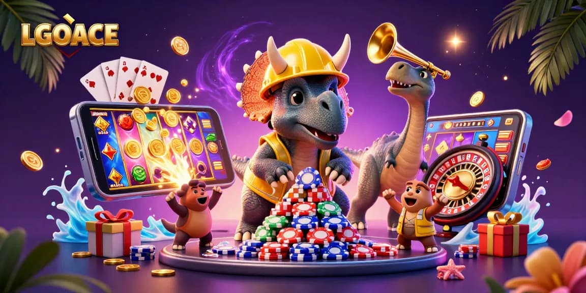 LGOACE showcases a vibrant casino scene with a cartoon triceratops celebrating a winning moment.