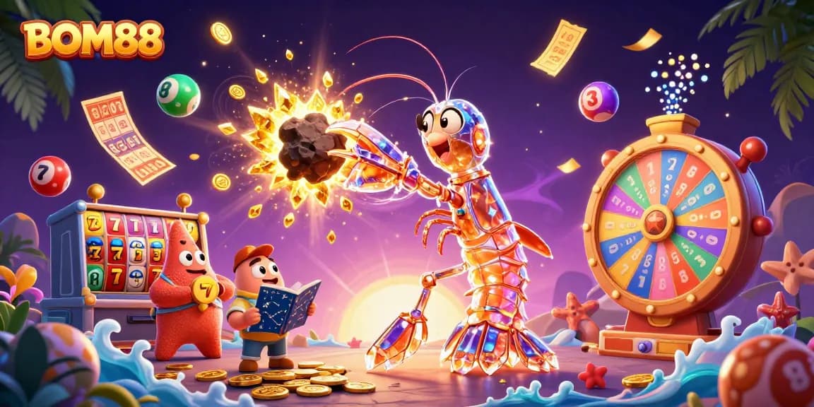 BOM88 showcases an exciting casino theme with vibrant slot reels and cartoon characters in a magical universe.