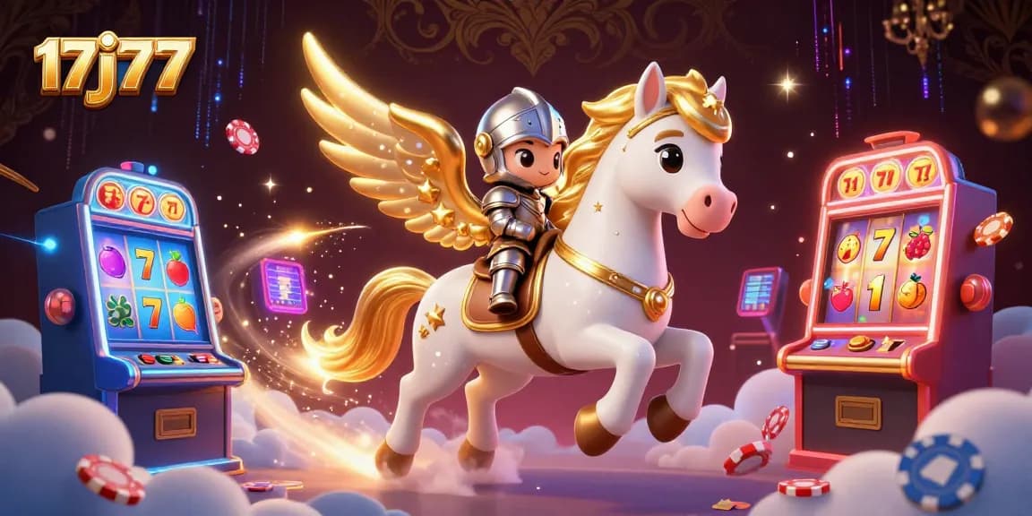 Experience the thrill of 17j77 with vibrant slot machines and a heroic knight riding a mystical horse.