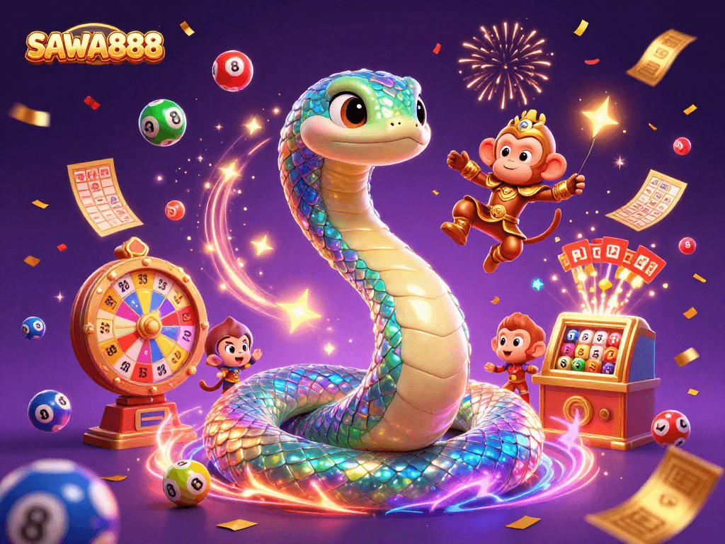 Experience the excitement of SAWA888 with a vibrant lottery-themed illustration showcasing dynamic gameplay.