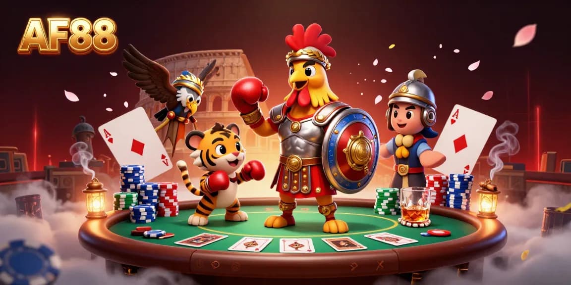 Experience the thrill of AF88 as the gladiator rooster and friends gather in a vibrant casino showdown.