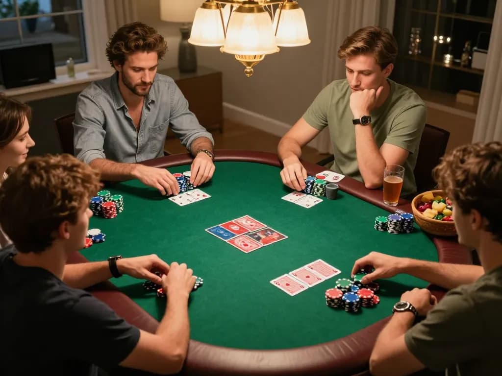 Friends enjoying a lively poker game at home while playing nk88 and strategizing with chips.