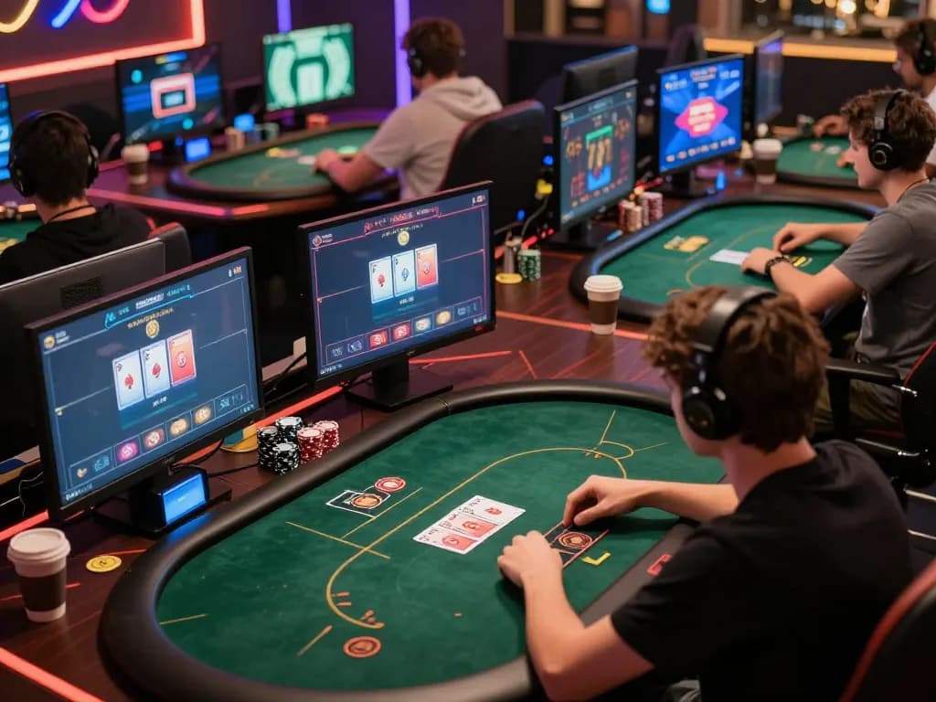 Take2 players enjoying online poker game with vibrant screens and dynamic gaming atmosphere.