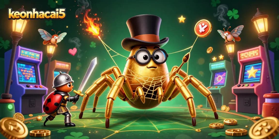 keonhacai5 showcases a golden tarantula weaving a web of gold in a vibrant casino scene, attracting players.
