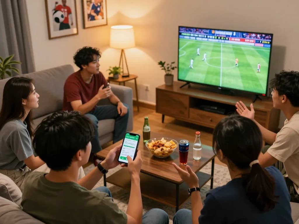 Friends engaged in sports betting using kèo nhà cái app during an exciting match night at home.