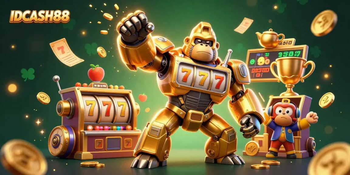 Join the excitement at IDCASH88 with a dynamic 3D illustration showcasing a golden gorilla mech and slot machines