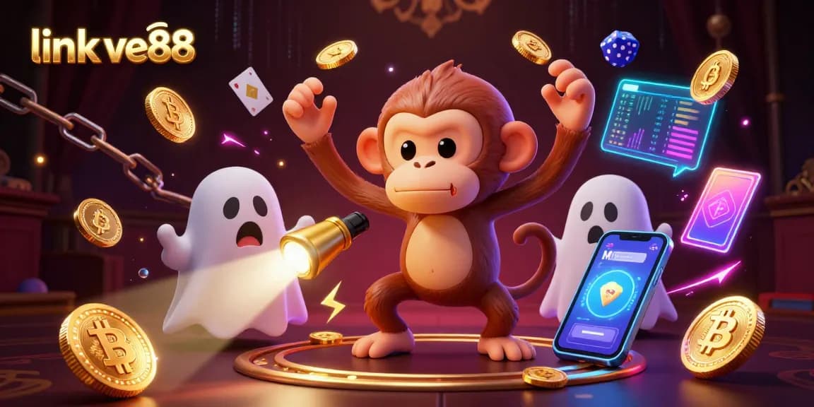 Bet on link ve88 with a mischievous poltergeist monkey and ghost-hunter puppy in a vibrant casino scene.