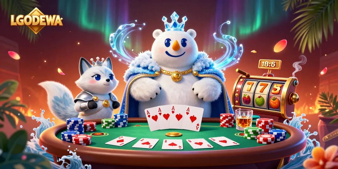 Participate in the action at LGODEWA with a dynamic 3D casino scene showcasing poker tables and vibrant slot symbols.