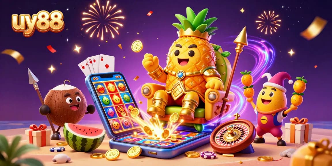 Experience the thrill of gambling at uy88 with a festive 3D illustration of the golden pineapple king and slot games.