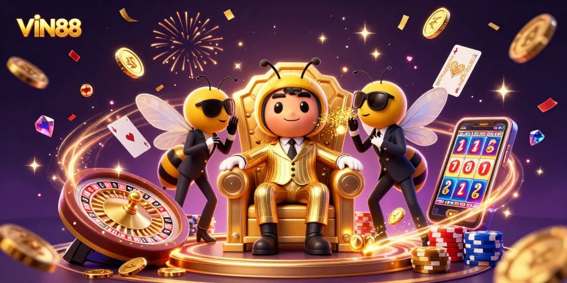Experience the excitement of VIN88 with a vibrant casino scene, showcasing a bee mob boss amid dynamic game elements.