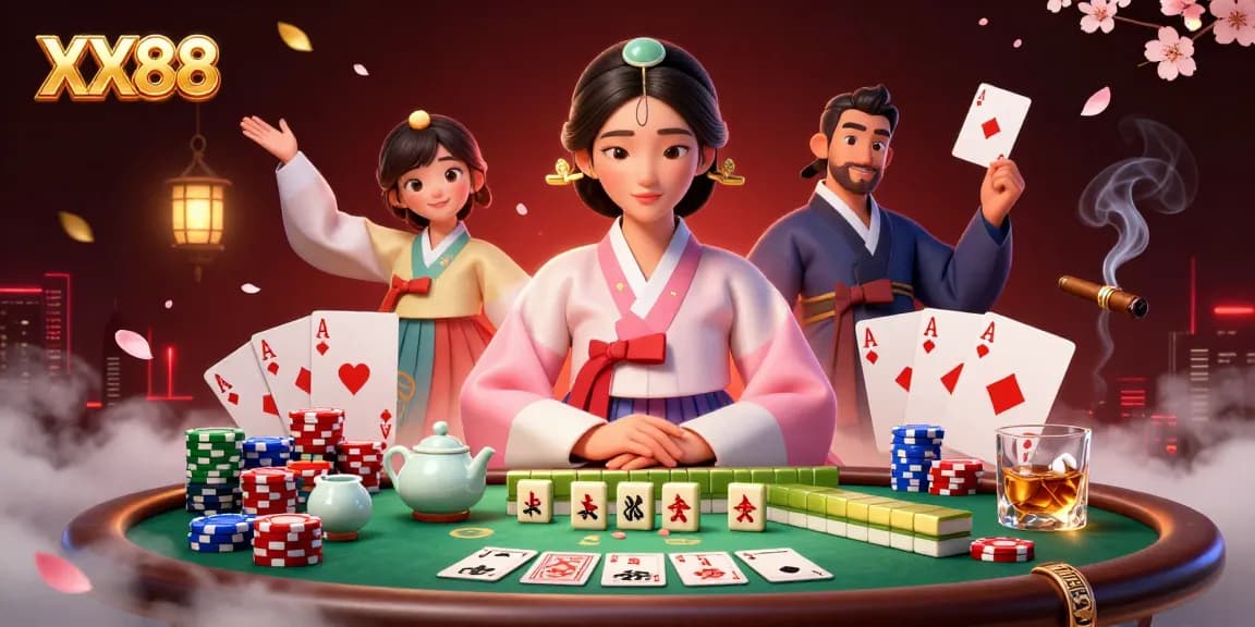 Experience classic poker action at XX88 with elegant Asian woman and rich casino elements.