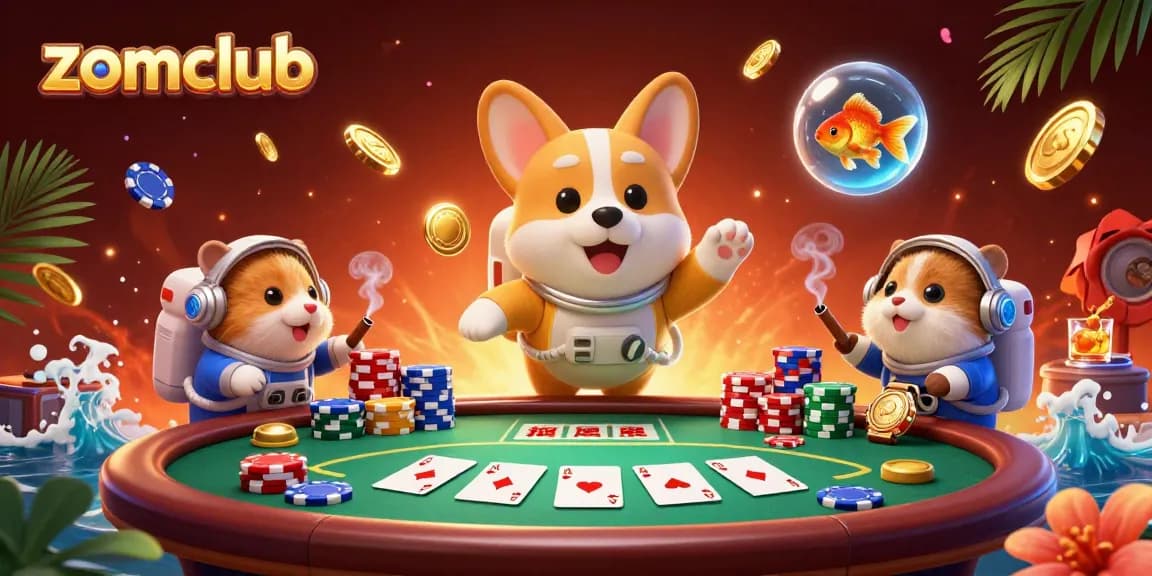 Zomclub's floating casino scene with a corgi, hamster, and goldfish enjoying poker action.