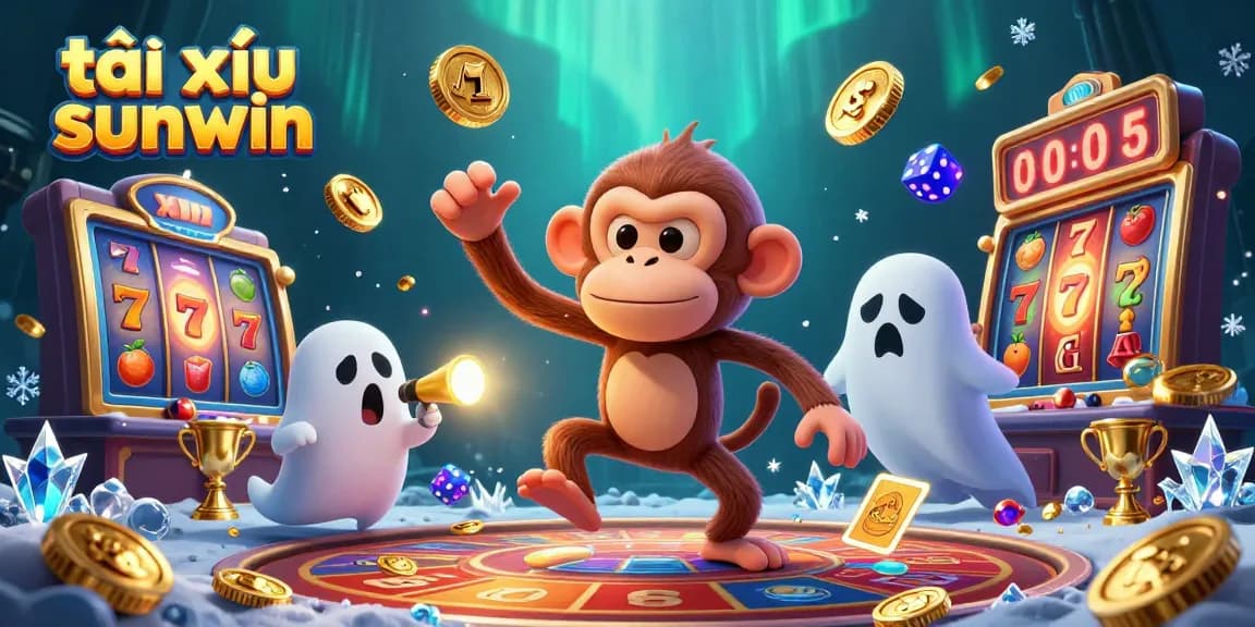 Experience the thrills of tài xỉu sunwin with a whimsical poltergeist monkey juggling golden tokens in a vibrant casino setting.