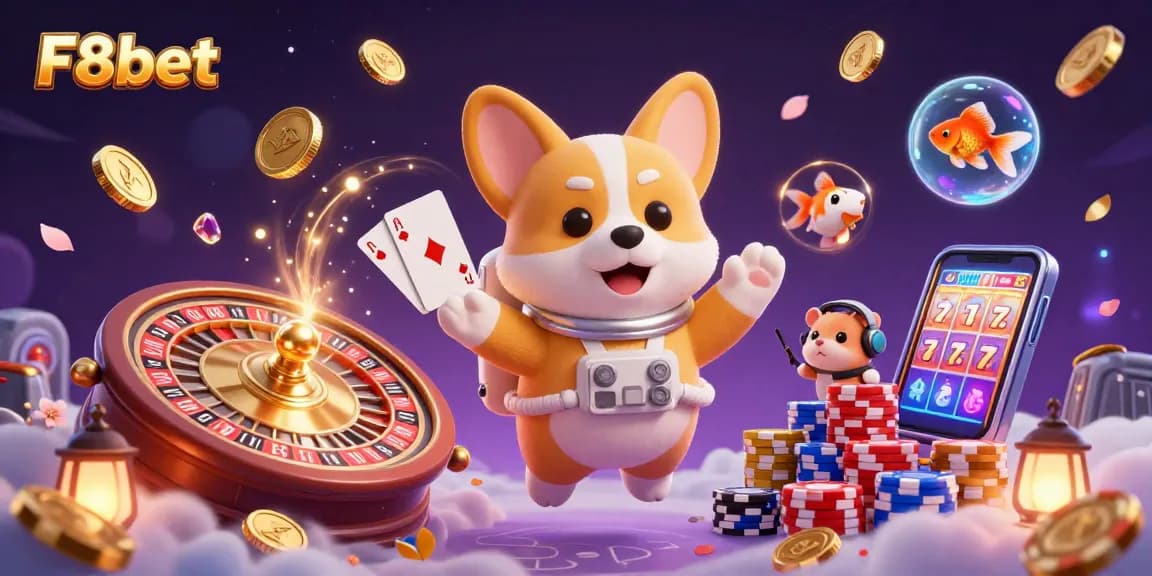 Experience F8bet at a vibrant space station casino with an astronaut corgi and mission control hamster.