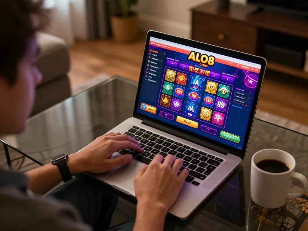 Engaging online gaming experience with ALO8 COM interface on laptop in cozy home setting.