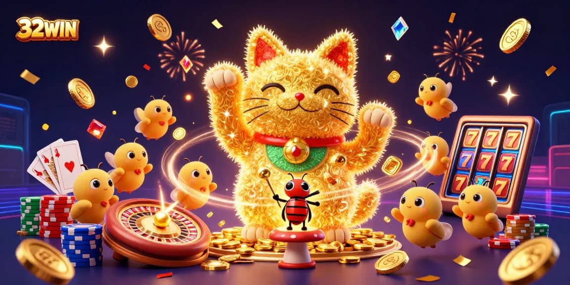 Experience the thrill of 32WIN with a vibrant lucky cat made of fireflies and dazzling casino symbols.