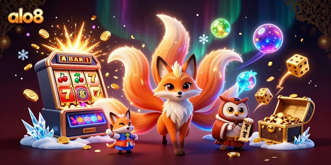 Play slots with excitement at alo8, featuring vibrant illustrations of gaming adventures.
