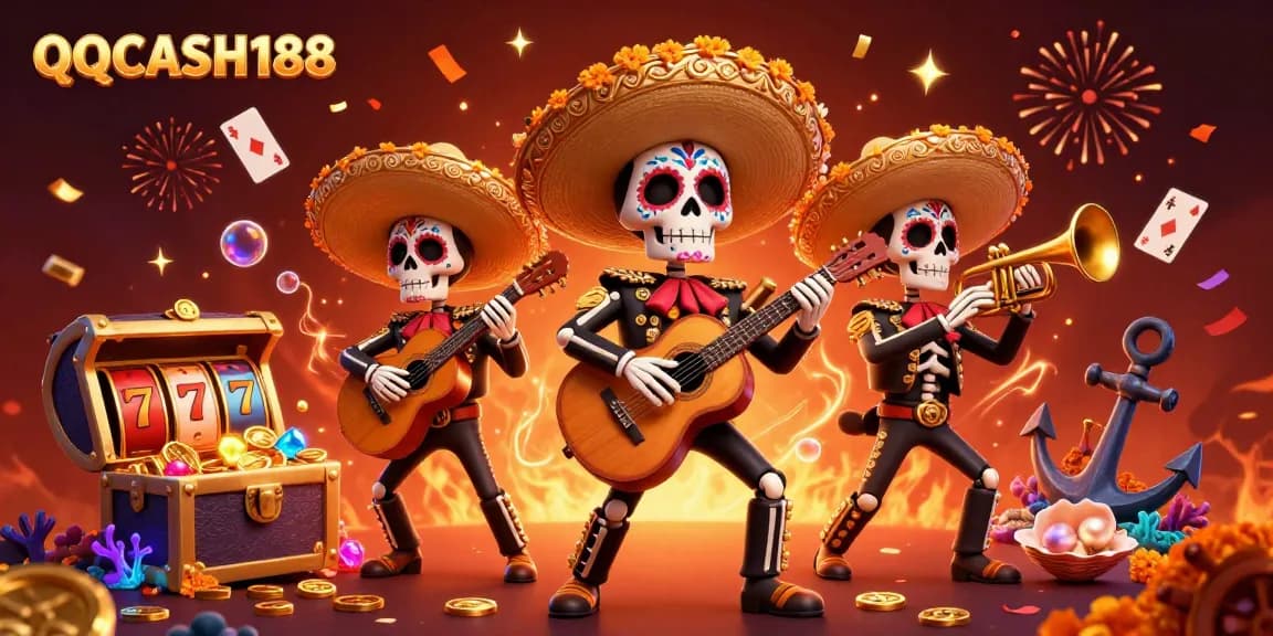 Engage with the exciting QQCASH188 casino experience featuring a vibrant Dia de los Muertos mariachi band.