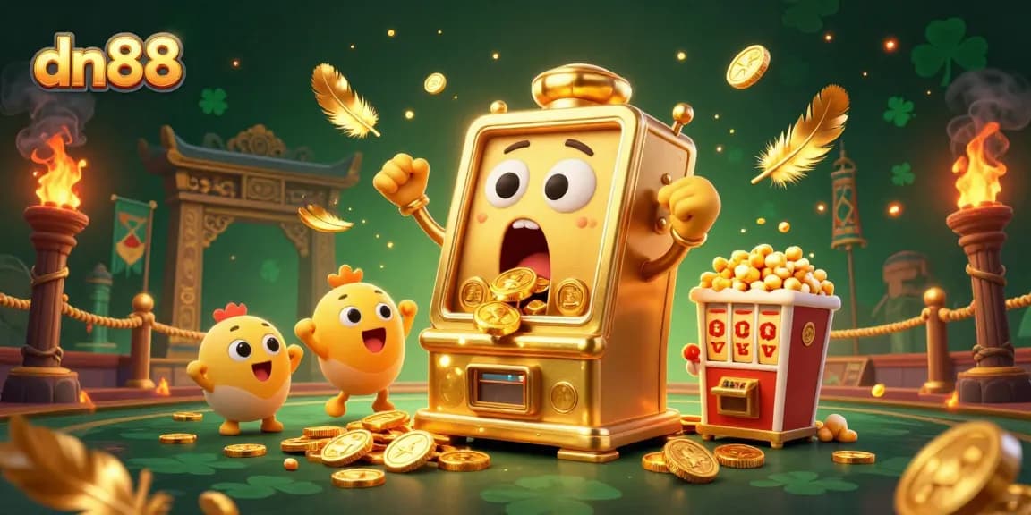 Experience winning moments with dn88's dynamic slot machines in a vibrant casino illustration.