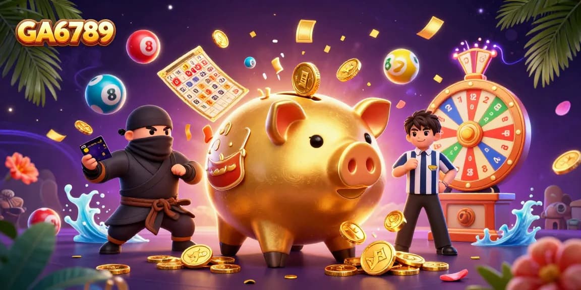 GA6789 captures dynamic casino excitement with a golden piggy bank sumo wrestler surrounded by colorful games.