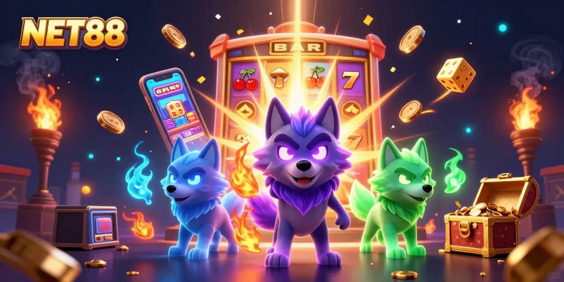 NET88 showcases exhilarating wins with a cartoon wolf pack amidst vibrant casino elements.
