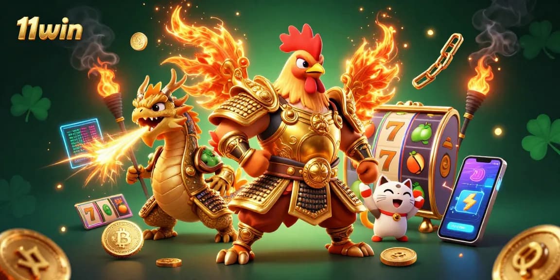 Engage with 11win's exciting slots amidst a dynamic scene featuring dazzling 3D characters and vibrant casino elements.