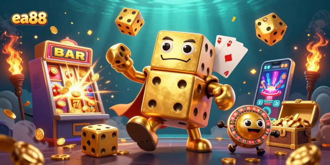 Experience thrilling gameplay at ea88 with a vibrant and dynamic casino scene featuring golden dice and jackpot elements.