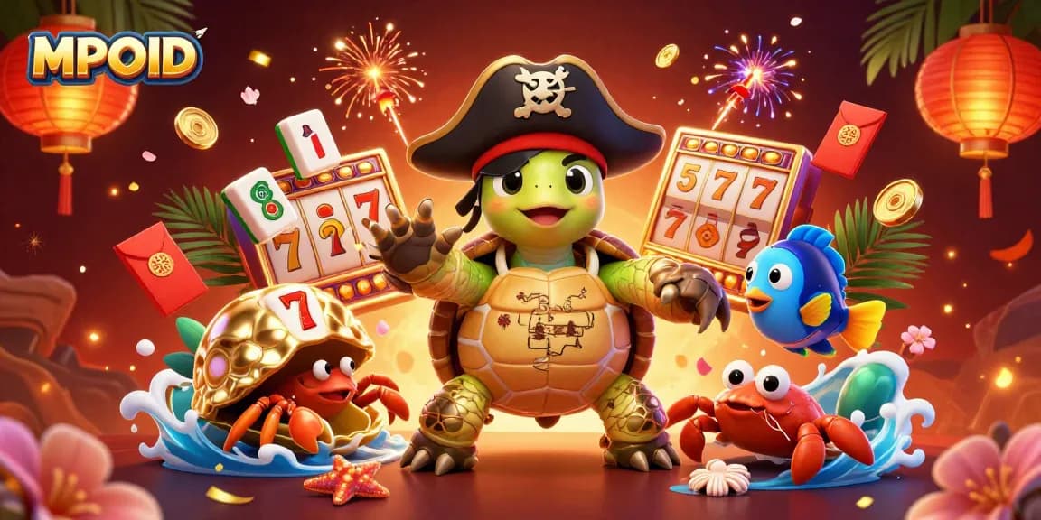 MPOID's exciting casino experience illustrated with a pirate turtle, hermit crab, and vibrant slot games.