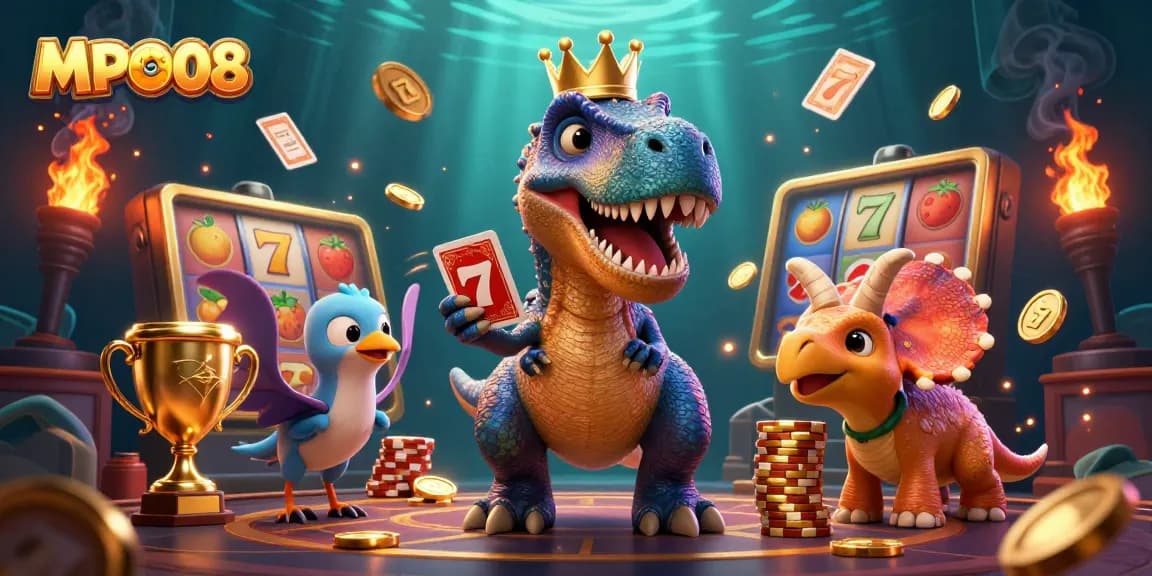 MPO08 showcases a playful casino scene with a T-Rex and friends engaging in slot games and shuffling cards.