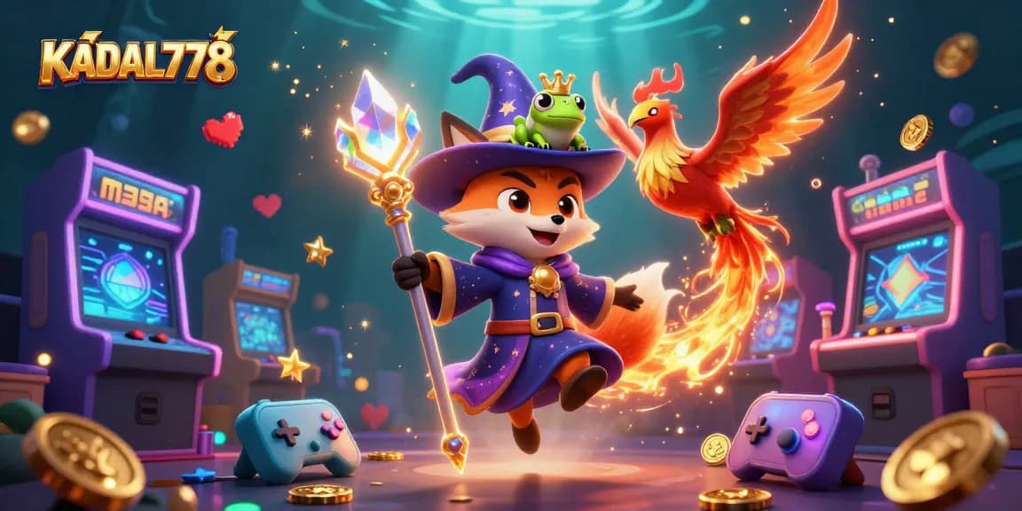 Experience the vibrant world of KADAL778, showcasing a mystical fox wizard, phoenix, and enchanting game elements in a dazzling casino scene.