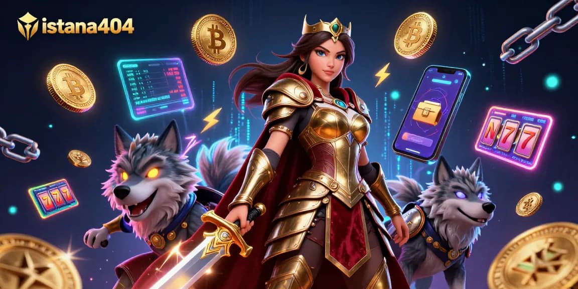 Spin digital slots on istana404 with a warrior queen and glowing crypto elements.