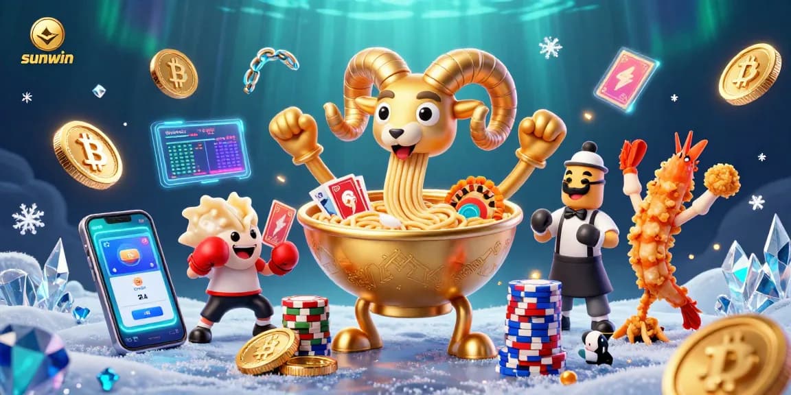 Experience the thrilling sunwin gaming scene with a vibrant illustration of playful characters and crypto elements.