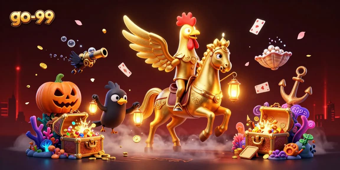 Explore thrilling features at go-99 with golden rooster mascot in a vibrant casino scene.