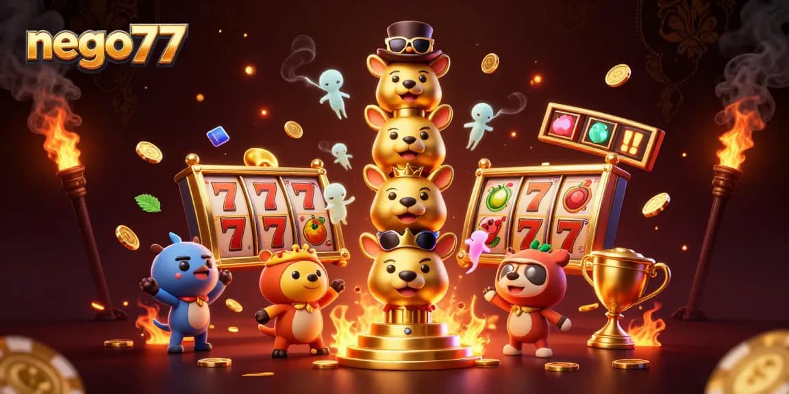 Nego77 players celebrate big wins with thrilling slot machines and golden totem poles.