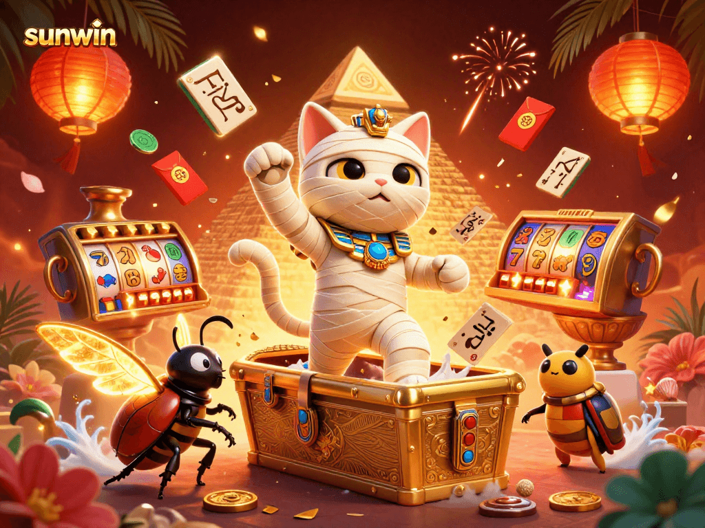 Win at sunwin with dynamic 3D gaming illustration of a mummy cat, slot reels, and festive elements.