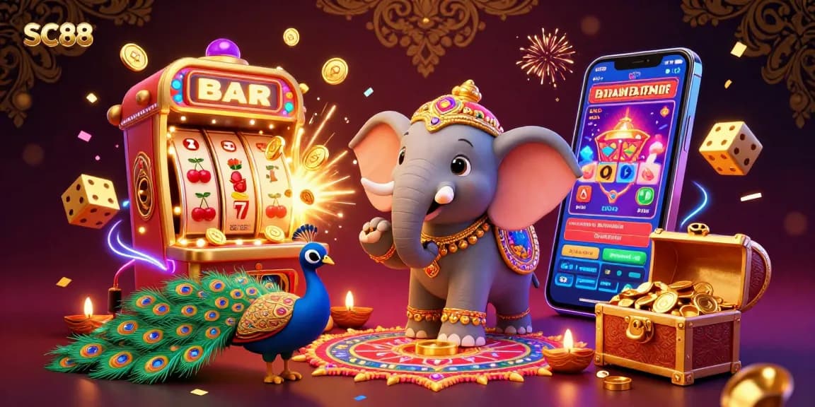 SC88 showcases a vibrant casino scene with a Diwali-themed elephant, bursting slot machines, and dynamic gaming elements.